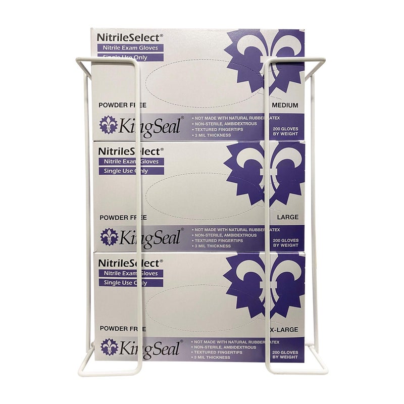 KingSeal 1 Each | Disposable Glove or Tissue Box Holder, TRIPLE (3-Box) Glove Rack, Wall Mounted Universal Box Holder, for Larger Sized Boxes, White - 1 Glove Rack - Image 1